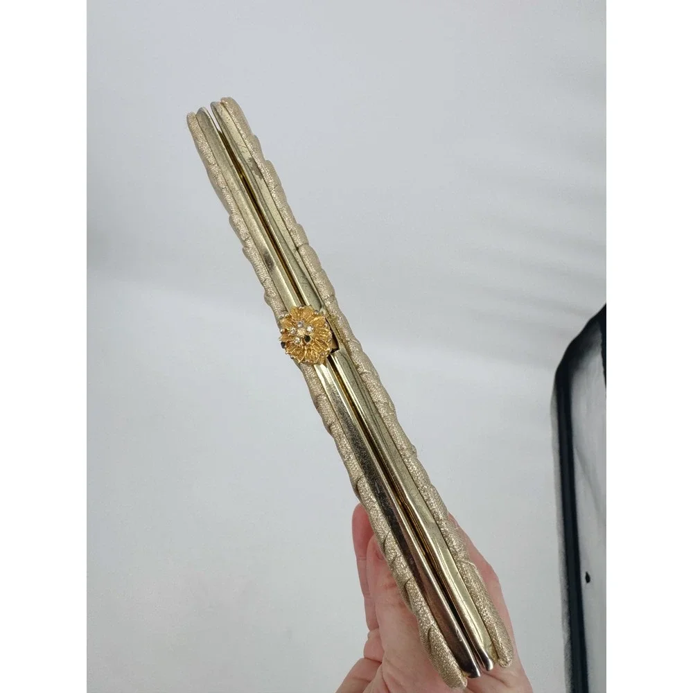 Vintage Gold Metallic‎ Pleated Evening Clutch Bag Rhinestone Clasp Chain Strap